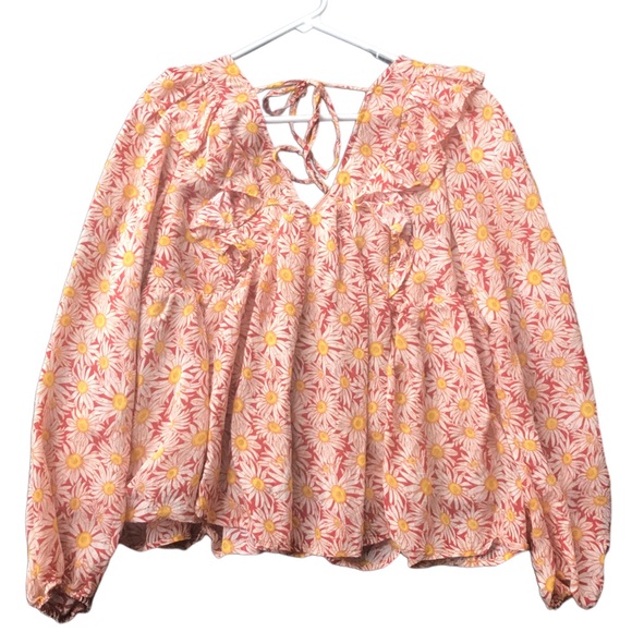 Simply Southern Floral Blouse Lined Baby Doll AOP Daisies LG Tie Back Ruffle - Picture 2 of 8